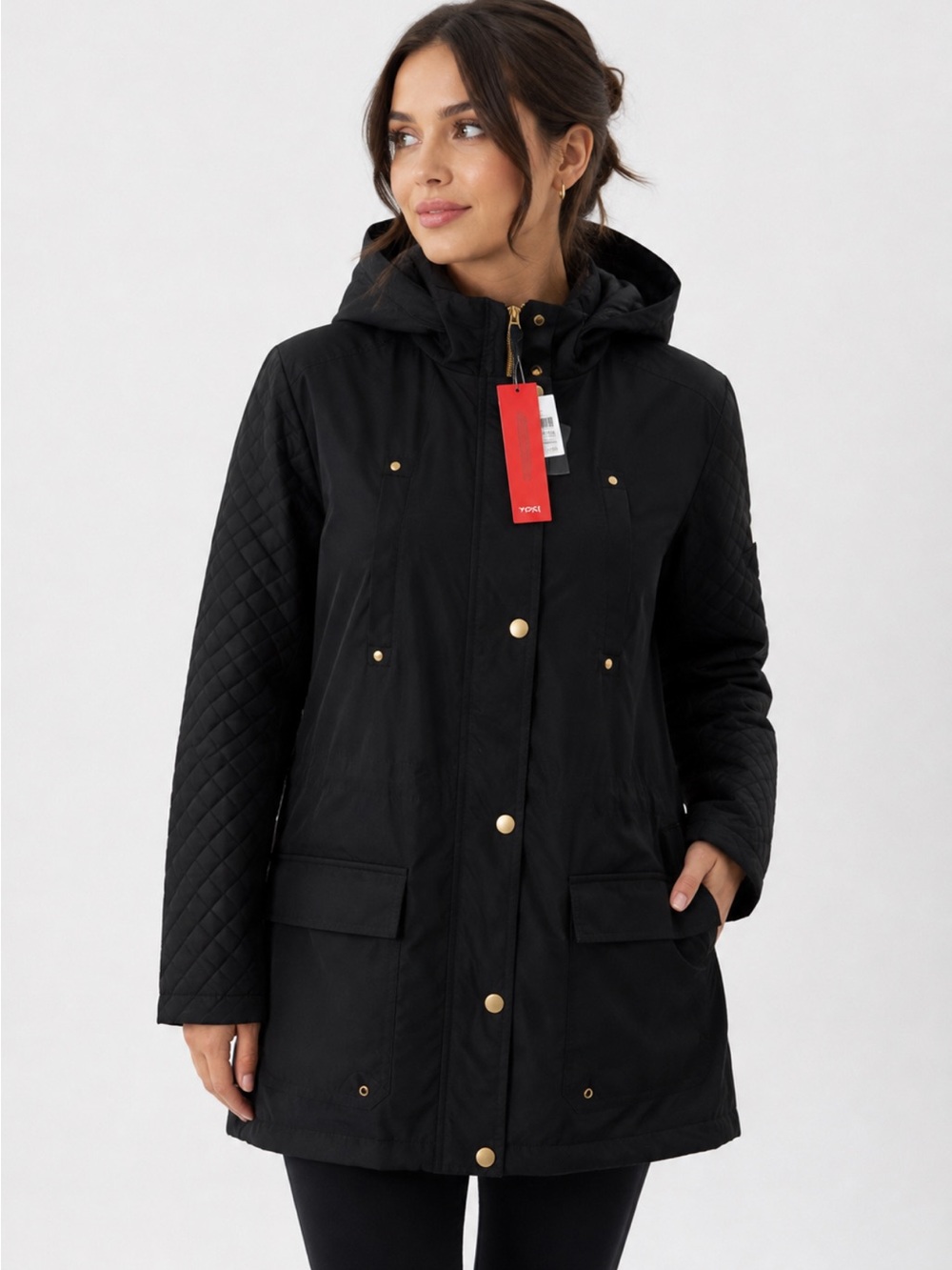 Yoki Women’s Black Hooded Utility Rain Jacket Quilted Sleeves NWT Size 1XL